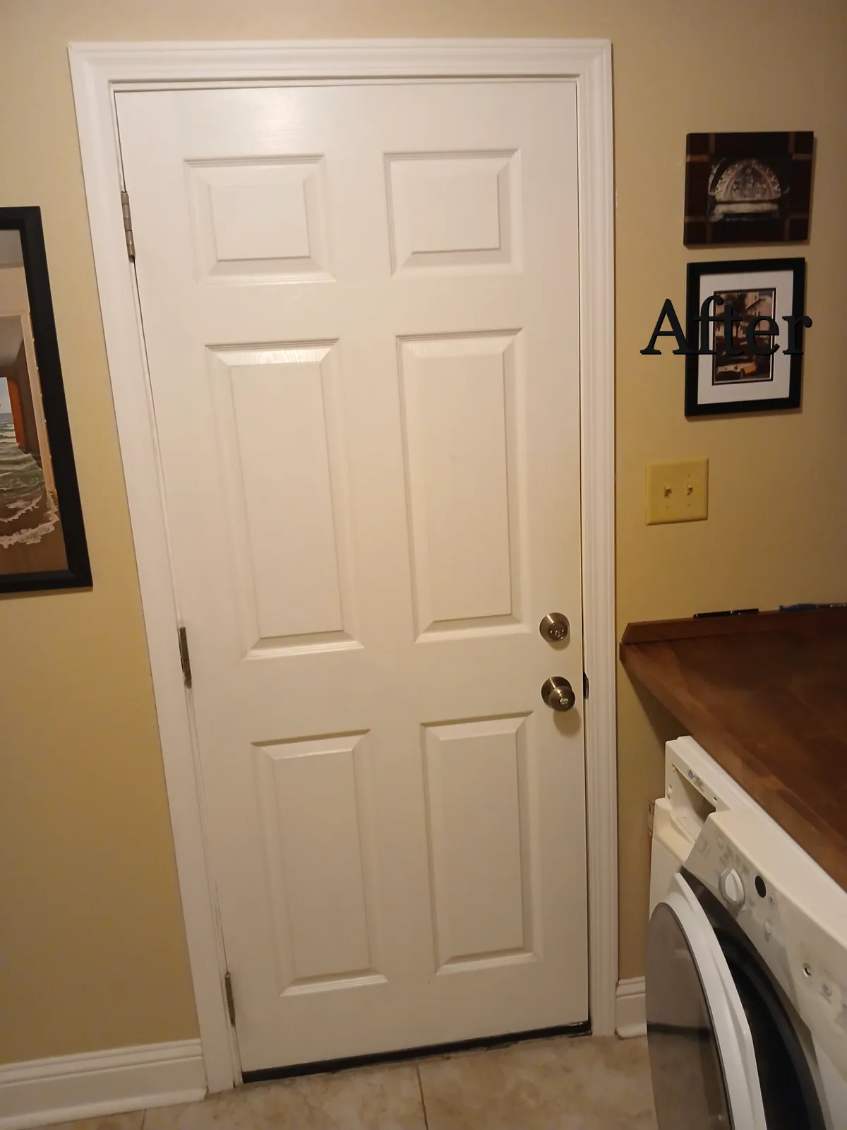 New door installed with fresh sweep and trim