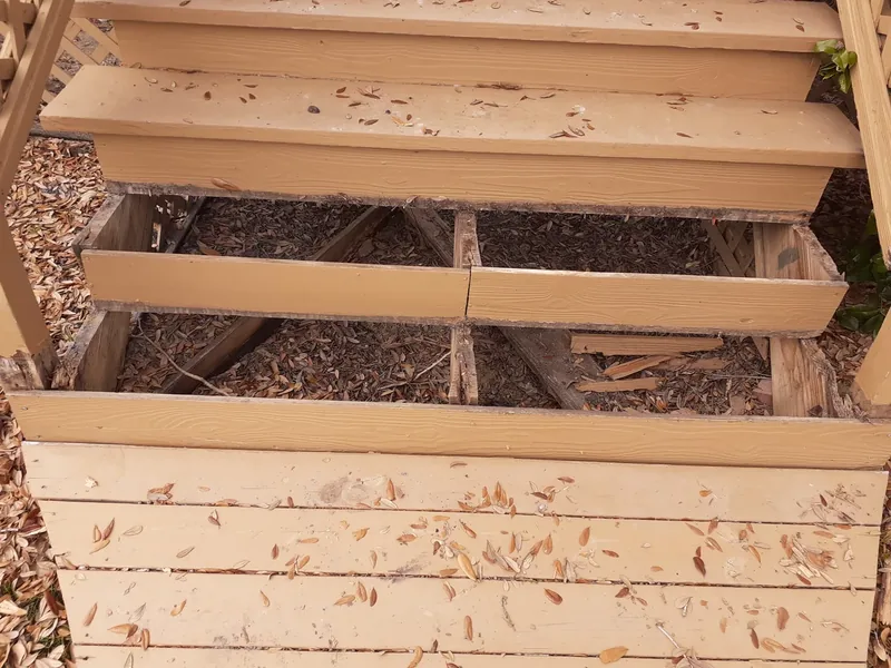 Rotted deck step treads pulled out before repair